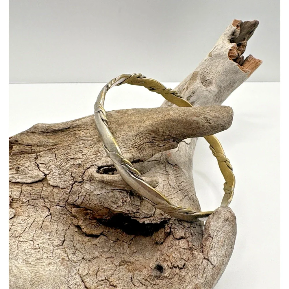 Vintage Sterling Silver 925 Mexico Flat Rope Bangle Bracelet Handcrafted Artisan